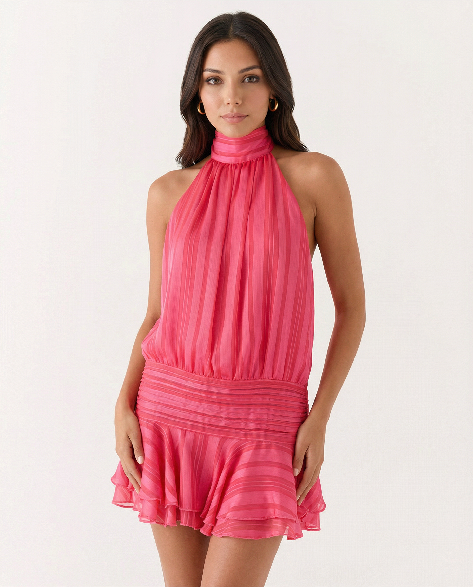 Deborah | Halter Neck Pleated Playsuit with Ruffle Overlay