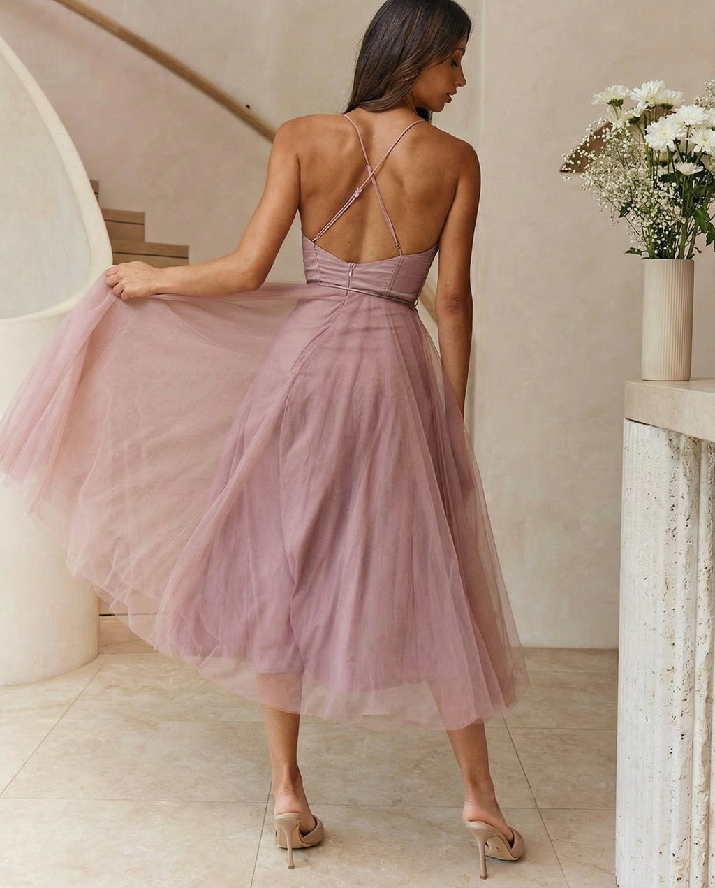 Lourdes | Tulle Midi Dress with Corset Bodice