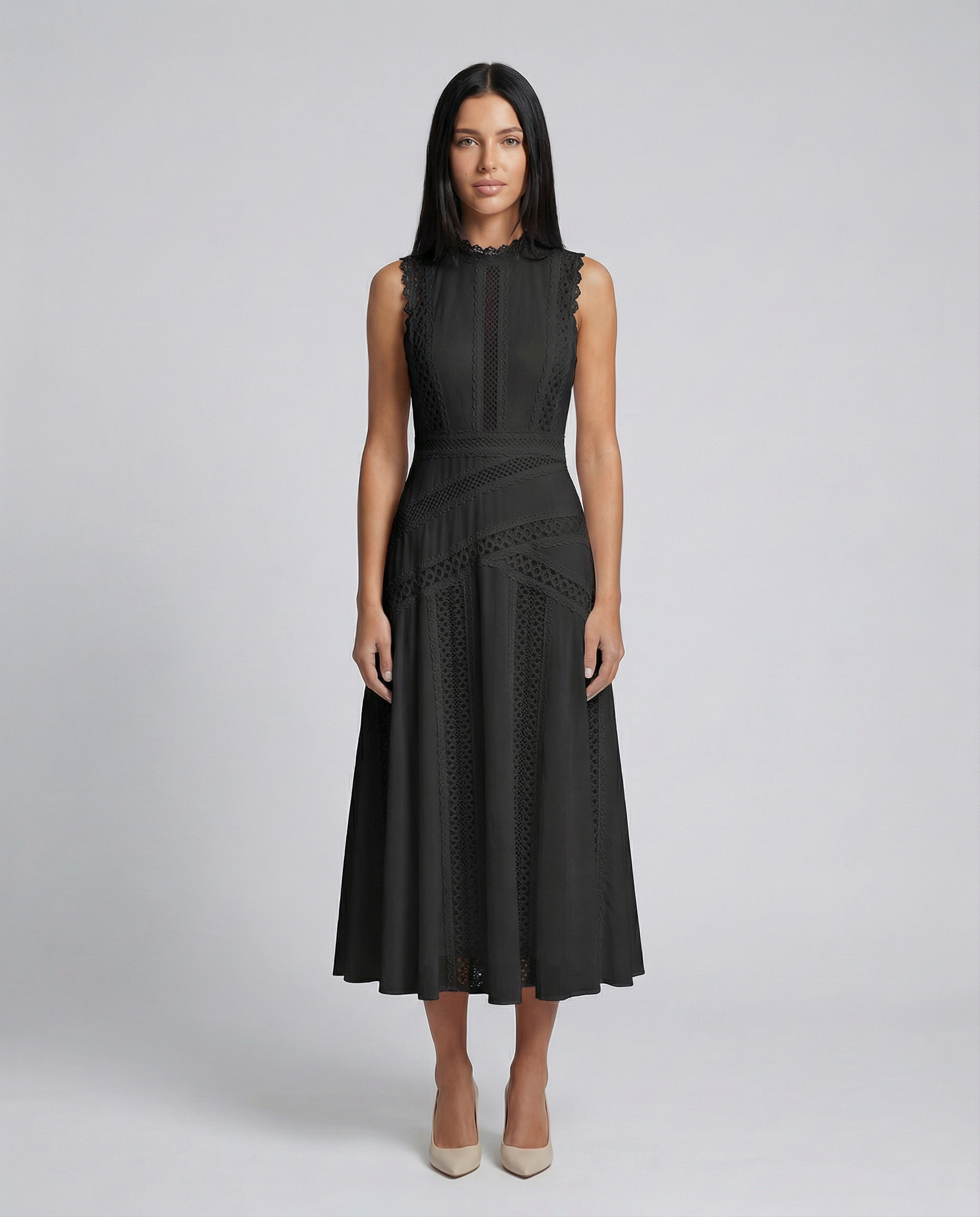 Alma | Sleeveless Midi Dress with Lace Panels