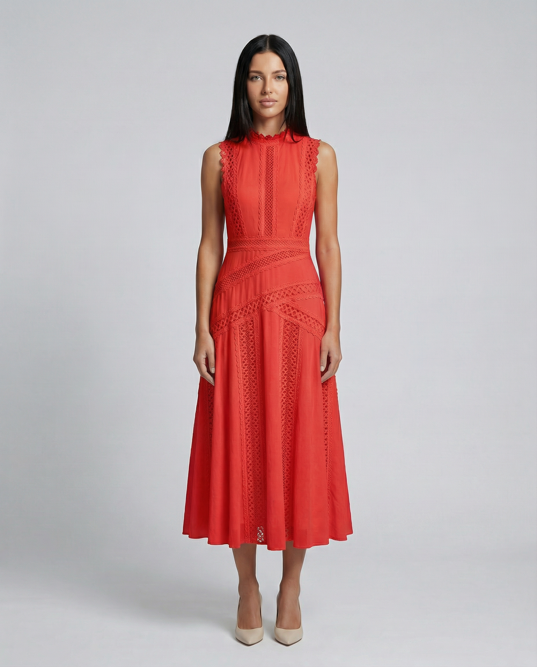 Alma | Sleeveless Midi Dress with Lace Panels