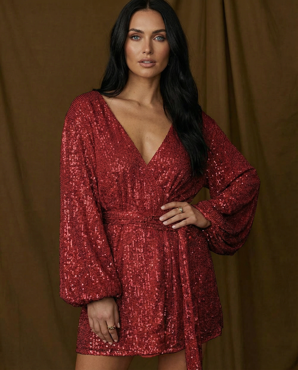 Trina | Sequin Wrap Mini Dress with Long Sleeves