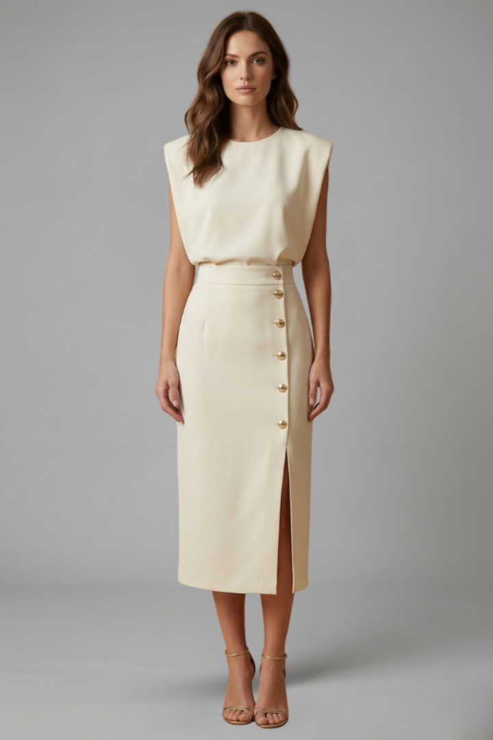 Esme | Round Neck Button Slit Midi Dress