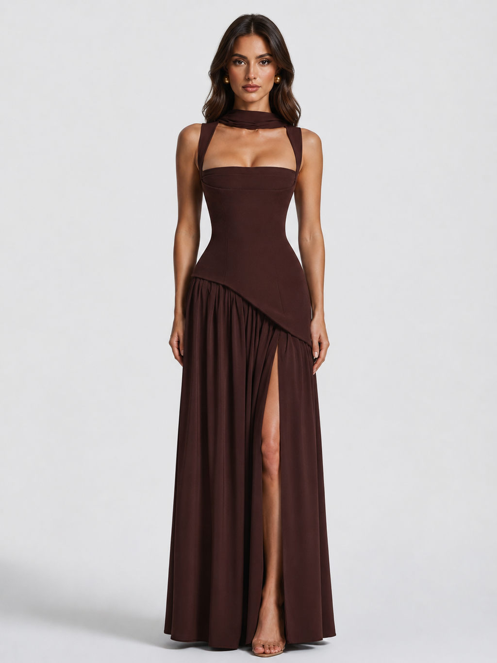 Ines | Sculpted Draped Satin Feel Maxi Dress