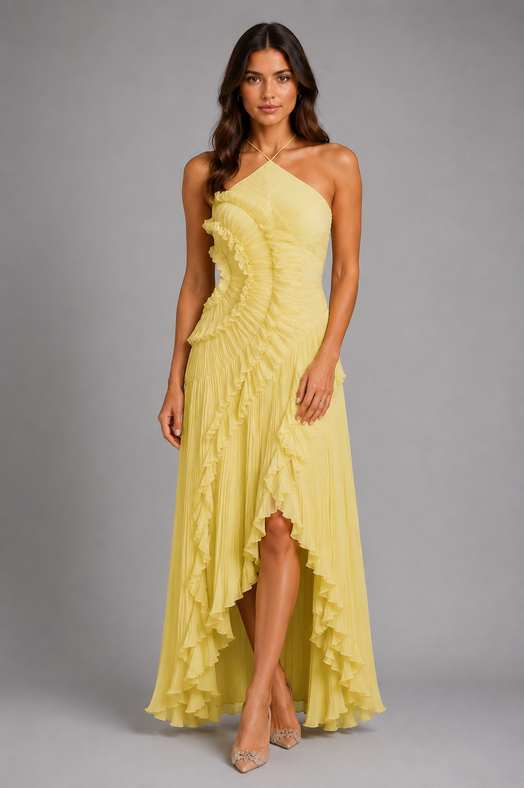 Tessa | Pleated Ruffle Halter Maxi Dress