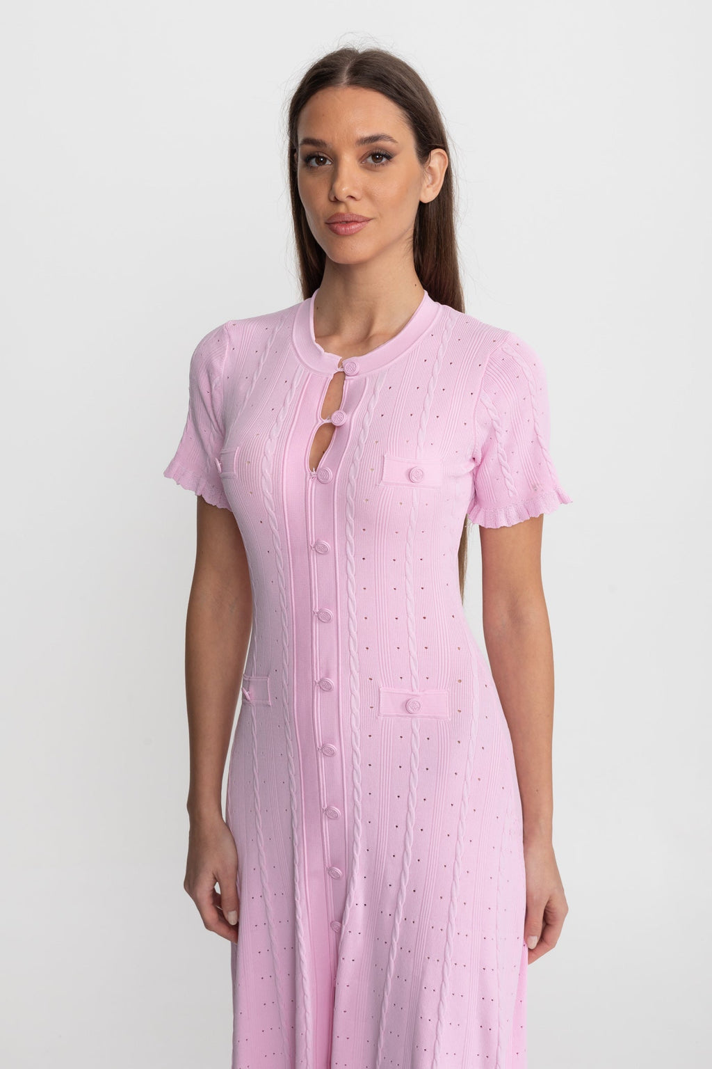 Noor | Scalloped Sleeve Button-Front Knit Midi Dress