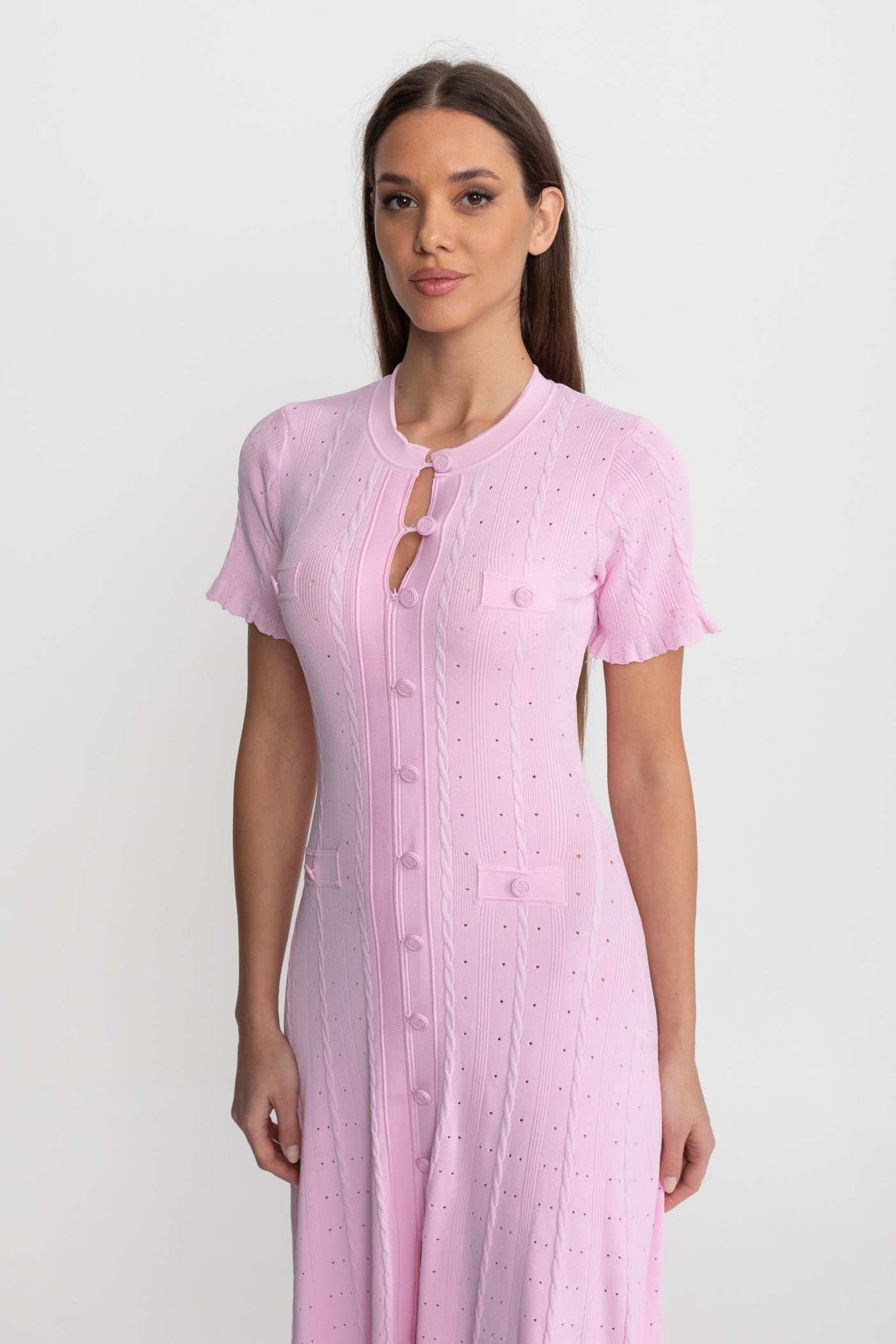 Noor | Scalloped Sleeve Button-Front Knit Midi Dress